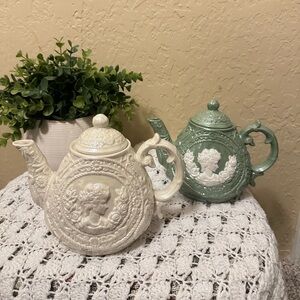 2 Sets Of Vintage Green Lustreware,with White Cameo Pearl Wedgwood Style Tea Pot